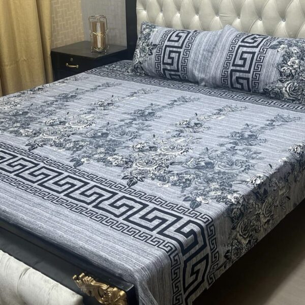 3D Crystal Cotton Bedsheet Set – 3-Piece with Piping Pillow Covers
